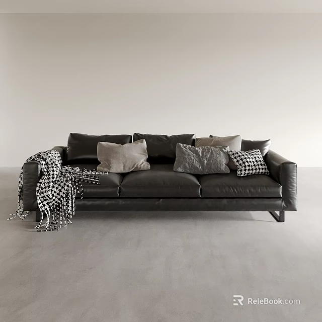 Black Three Seater Sofa With Pillows And Black White Checkered Blanket Modern Living Room 3d model 