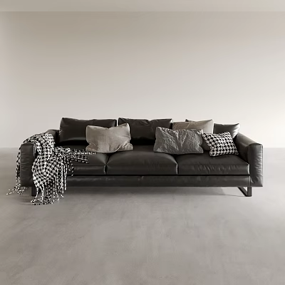 Black Three Seater Sofa With Pillows And Black White Checkered Blanket Modern Living Room 3d model