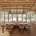 Modern Japanese Restaurant Interior With Wooden Ceiling Circular Decorative Wall Bar Counter And Dining Tables