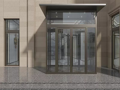 Modern Building Entrance With Glass Revolving Door And Stone Wall Design 3d model