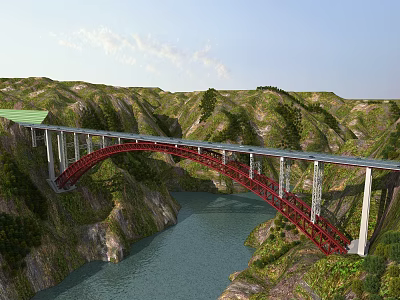 Red Arch Bridge Spanning River Between Green Mountains With Blue Sky And Lush Vegetation 3d model