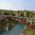 Red Arch Bridge Spanning River Between Green Mountains With Blue Sky And Lush Vegetation