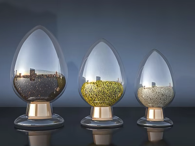 Three Transparent Teardrop Shaped Ceramic Vessels With Golden Base And Decorative Granules 3d model