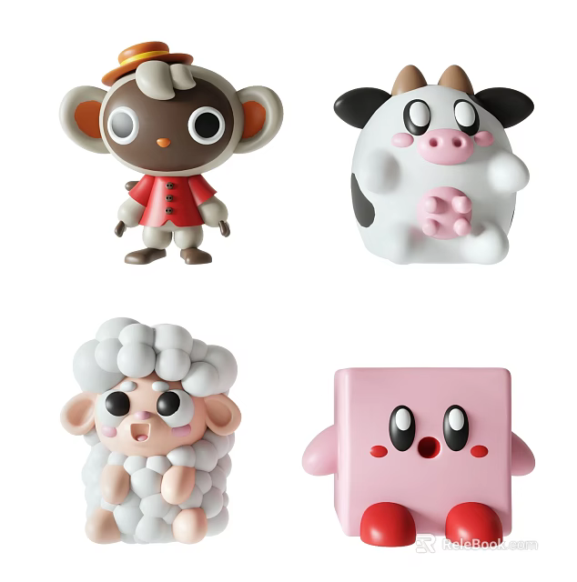 Cute Cartoon Plush Toys Featuring Monkey Cow Sheep and Pink Square Characters in Soft Design 3d model 