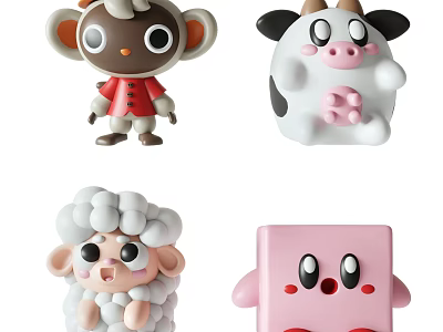 Cute Cartoon Plush Toys Featuring Monkey Cow Sheep and Pink Square Characters in Soft Design 3d model