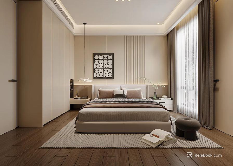 Modern Minimalist Bedroom Interior With King Bed And Wall Art 3d model 