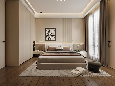 Modern Minimalist Bedroom Interior With King Bed And Wall Art 3d model