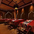 Thai Style SPA Sauna Interior With Elephant Decor Wooden Accents Massage Table And Plants