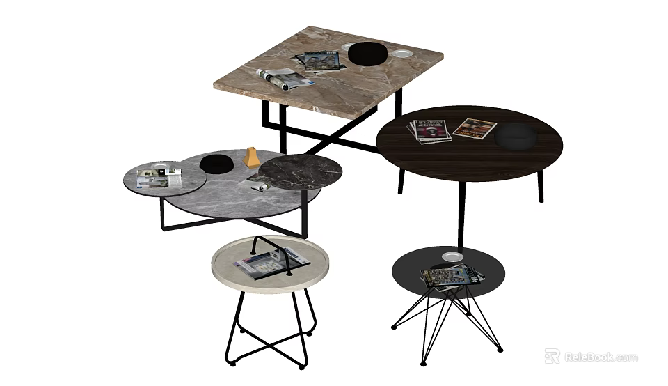 Various Modern Coffee Tables With Marble Black Tabletops Metal Frames And Magazines 3d model 