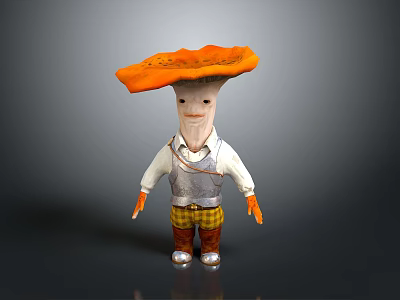 Cartoon Mushroom Character With Orange Cap White Shirt Gray Vest And Plaid Shorts 3d model