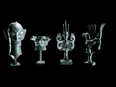 Ancient Ceramic Vessels With Intricate Carvings Mask Container And Bird Shaped Decorations 3d model