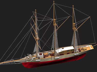 Classic Sailing Ship With Three Wooden Masts Red Hull And White Deck Design 3d model