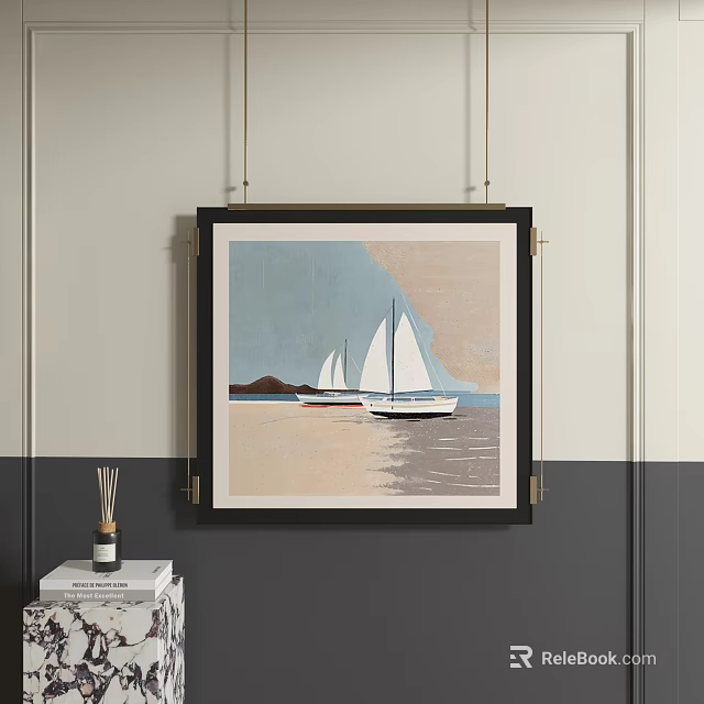 Abstract Painting with Sailboats on Sea and Sky Hanging on Gray White Wall Black Frame 3d model 