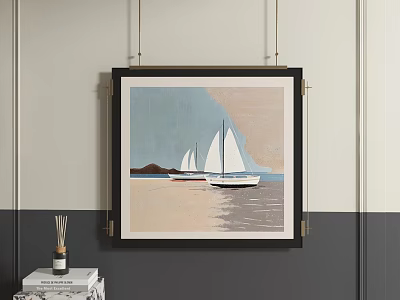 Abstract Painting with Sailboats on Sea and Sky Hanging on Gray White Wall Black Frame 3d model