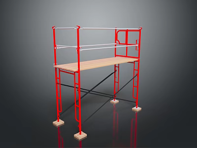 Red Metal Scaffolding With Wooden Platform And Stable Support Structure 3d model