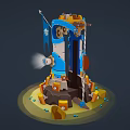 Cartoon Style Mechanical Tower Scene With Gears Flag Searchlight And Stone Base