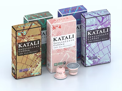 Katali Specialty Coffee Espresso Capsules In Colorful Numbered Box Packaging 3d model