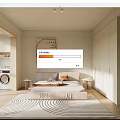 Minimalist Bedroom Interior With Modern Bed Striped Rug Artwork Wardrobe Bedside Tables And Natural Light