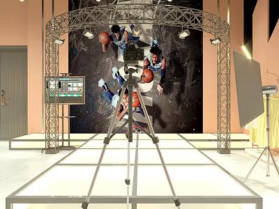 Studio Photography Setup With Tripod Basketball Players Backdrop Lighting And Monitor 3d model