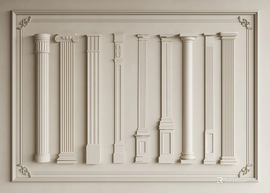 Various Classic Roman Column Styles Displayed in Ornate Framed Background 3d model