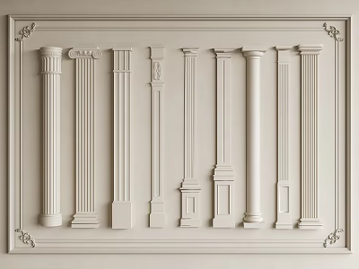 Various Classic Roman Column Styles Displayed in Ornate Framed Background 3d model