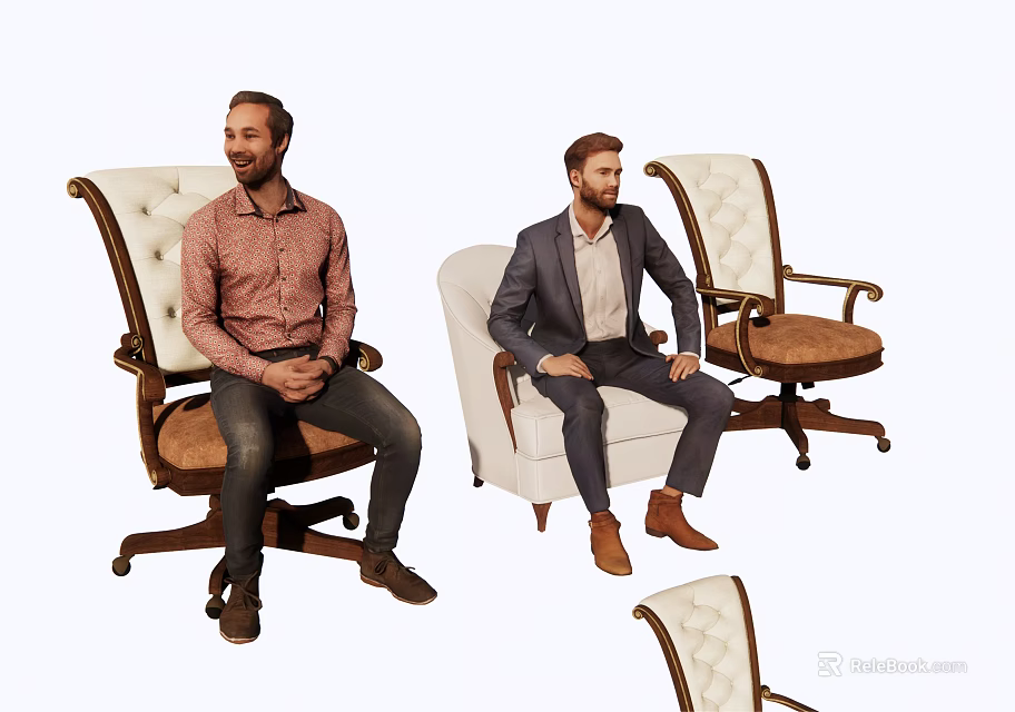 Stylish Office Chair Models With Tufted Upholstery And Wooden Swivel Base 3d model 