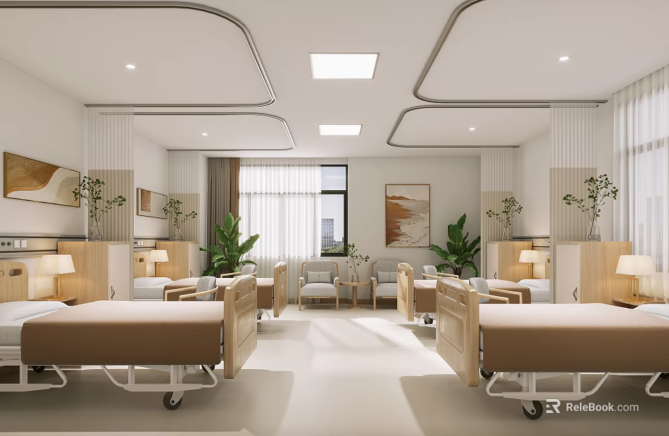 Hospital Outpatient Clinic Warm Ward With Beds And Plants 3d model 