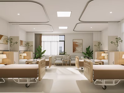 Hospital Outpatient Clinic Warm Ward With Beds And Plants 3d model