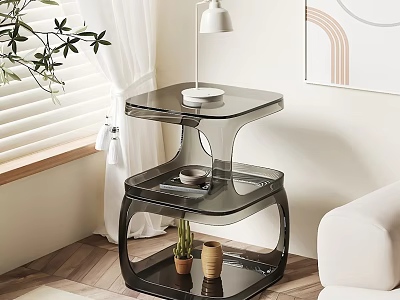Modern Glass Side Table with Two Tiered Design Near White Sofa and Green Plant 3d model