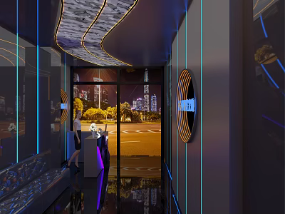 Modern Urban Bar Interior With Neon Lights City View And Stylish Seating Area 3d model