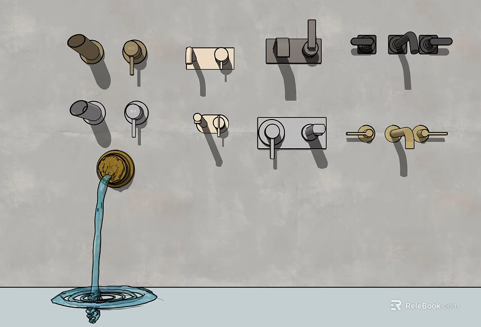 Various Wall Mounted Faucet Designs Featuring Different Styles And Water Flow 3d model