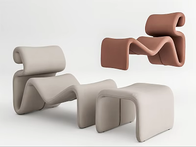 Modern Leisure Chairs With Curved Silhouette In Beige And Brown Tones And Matching Ottoman 3d model