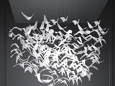 Modern Artistic Chandelier With White Bird Shaped Decorative Elements Hanging From Ceiling 3d model