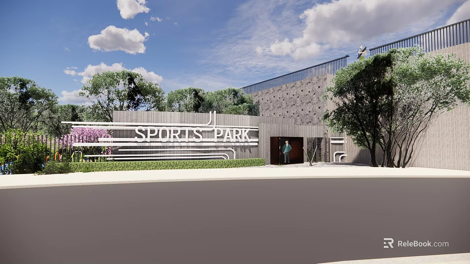 Sports Park Scenic Landscape With Modern Architectural Entrance Green Trees And Clear Sky 3d model 