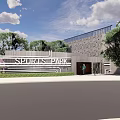 Sports Park Scenic Landscape With Modern Architectural Entrance Green Trees And Clear Sky