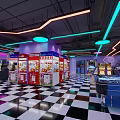 Modern Indoor Playground With Neon Lights Game Machines Vending Machines And Checkered Floor