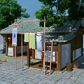Traditional Ancient Architecture With Wooden Structure Green Tiled Roof And Courtyard Furniture