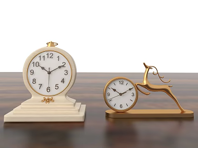 Two Decorative Table Clocks White And Golden Deer Shaped On Wooden Table 3d model