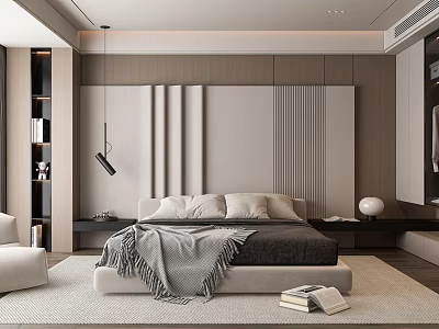 Modern Bedroom Interior Design With Striped Headboard Wall Gray Blanket White Pillows And Rug 3d model
