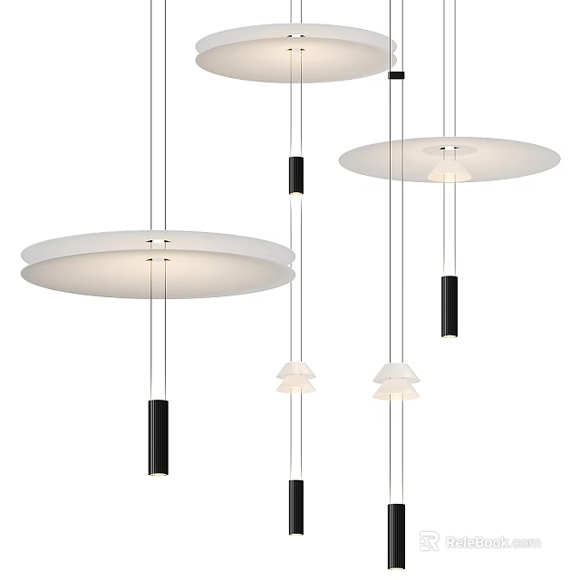 Modern Circular Ceiling Pendant Lights With White Shades And Black Rods For Home Interior Design 3d model 