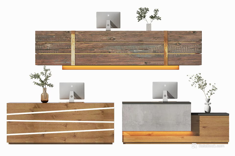 Rustic Wooden And Concrete Reception Desk With Computer Monitor Plants And Lighting 3d model 