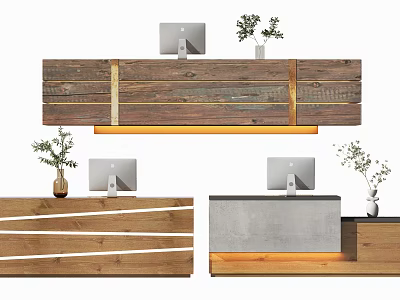 Rustic Wooden And Concrete Reception Desk With Computer Monitor Plants And Lighting 3d model