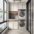 Modern Bathroom Vanity Cabinet With Light Colored Cabinets Stacked Laundry Machines Faucet And Green Plant