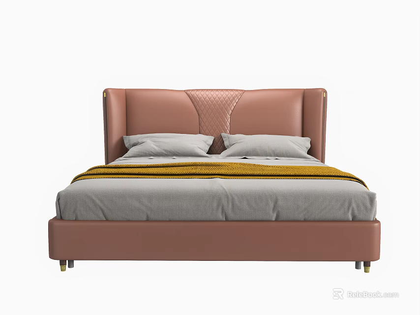 Modern Double Bed With Pink Diamond Pattern Headboard Gray Bedding And Yellow Blanket 3d model