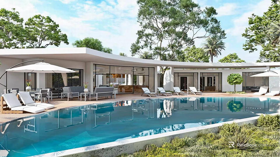 Modern Detached Villa With Swimming Pool Outdoor Lounge Green Plants And Sunlit Terrace 3d model 