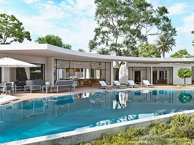 Modern Detached Villa With Swimming Pool Outdoor Lounge Green Plants And Sunlit Terrace 3d model