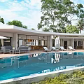 Modern Detached Villa With Swimming Pool Outdoor Lounge Green Plants And Sunlit Terrace