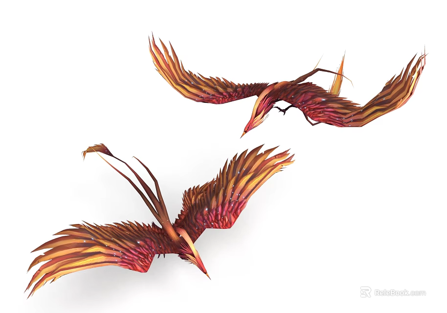 Mythical Flying Creatures With Vibrant Red And Gold Feathers Soaring In Flight 3d model 