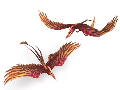 Mythical Flying Creatures With Vibrant Red And Gold Feathers Soaring In Flight 3d model