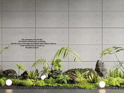 Natural Indoor Landscape Interior Design With Gray Wall Ferns Stones And Small Lights 3d model